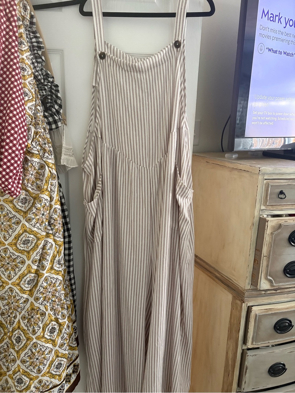 torrid Beige & White Striped Maxi Pinafore Jumpsuit